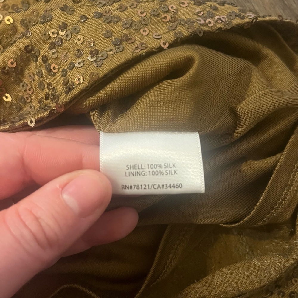 Eileen Fisher 100% Silk Sequin Cowl Neck 3/4 Sleeve Old Money Green/Gold Large - Picture 4 of 8